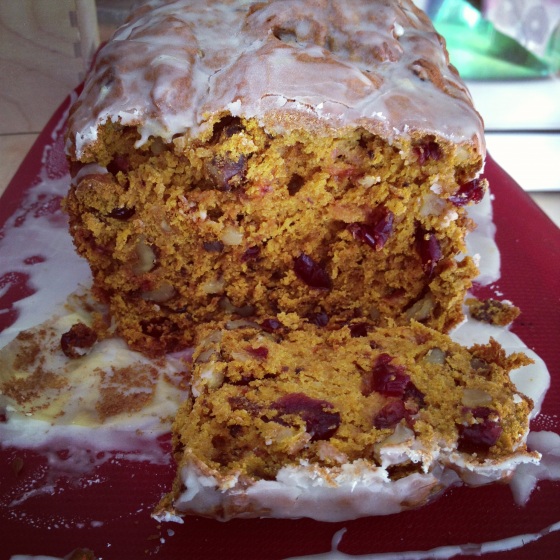 Pumpkin cranberry loaf with orange drizzle